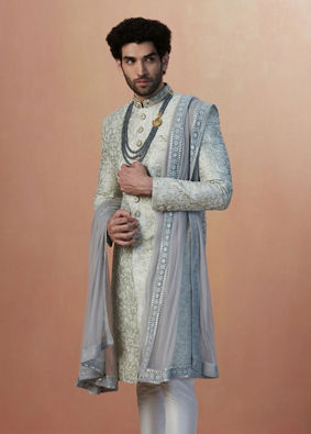 Smoke Grey Self Embroidered Sherwani With Dupatta image number 0